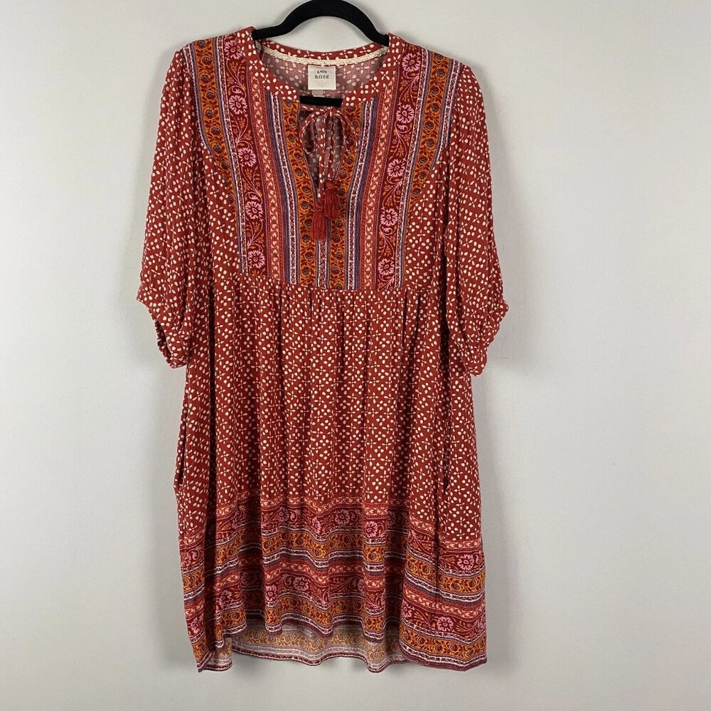 Knox Rose Boho Floral Mini Dress Size Large Red Short Sleeve Tassel Pockets